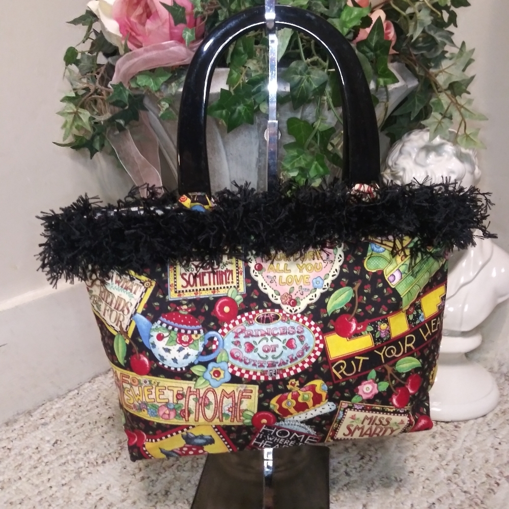 Vintage Mary Engelbreit Motto Design Black/Multi Fringe Trimmed Fabric Purse - Picture 8 of 8
